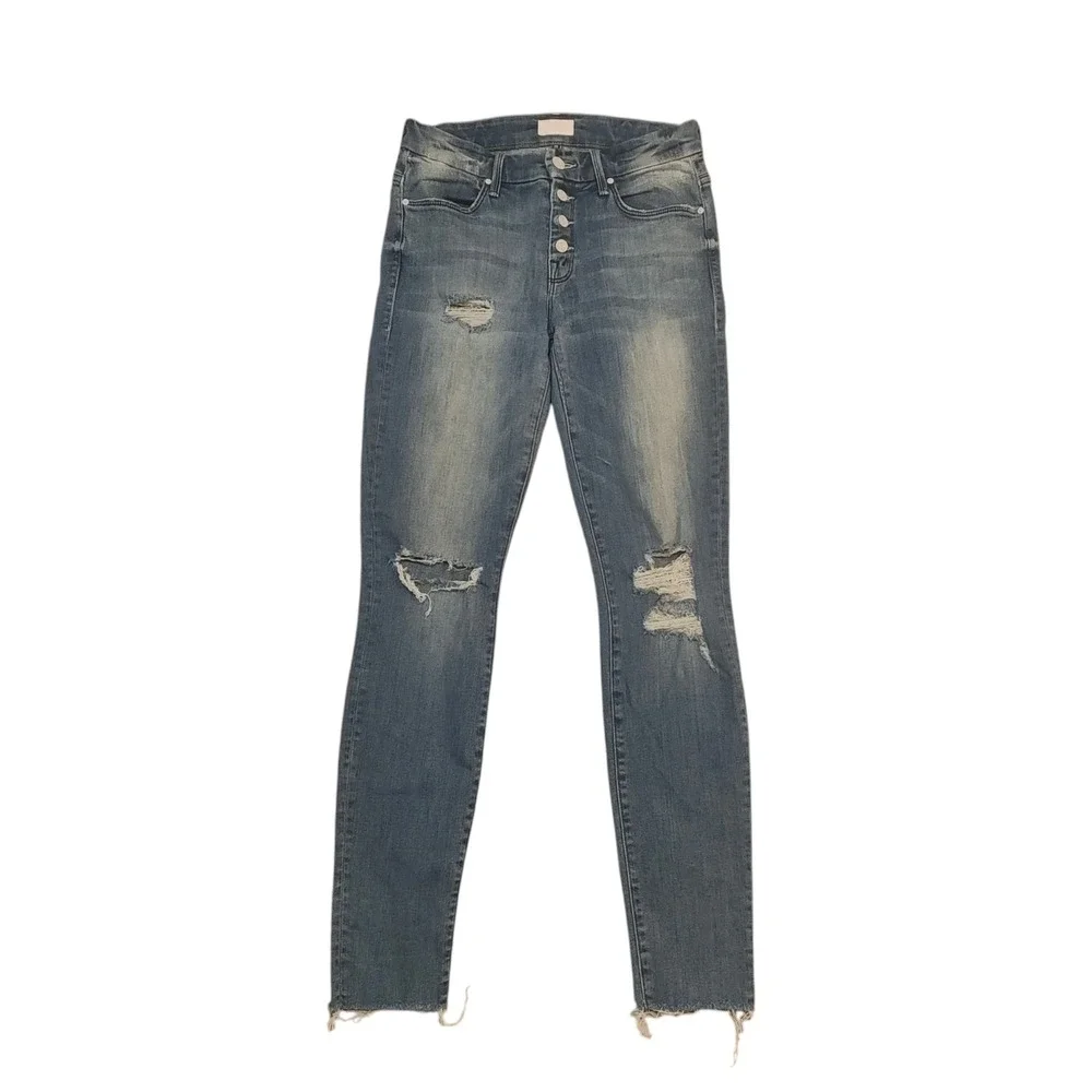 Mother The Pixie Fray Jeans Mid Rise Denim Distressed Skinny Button Fly Blue 25